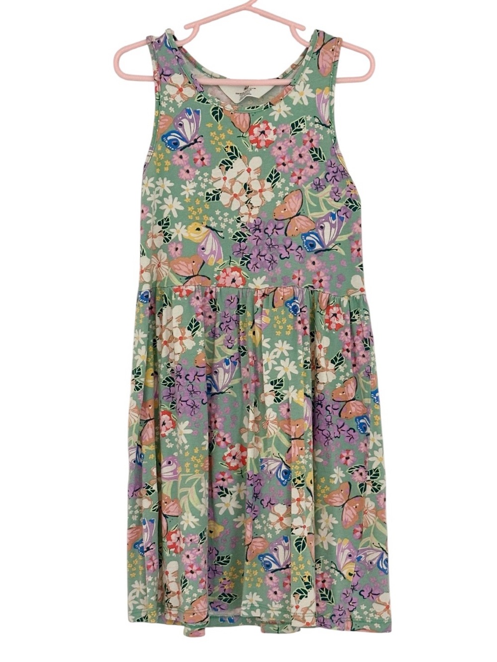 H&M Girls Sage Green Butterfly Floral Dress Size 6/7 Cotton
